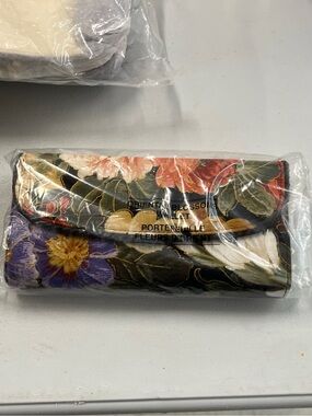 Vintage- Avon Floral Satin Fold-Over Wallet - Black with Purple, Yellow, Red